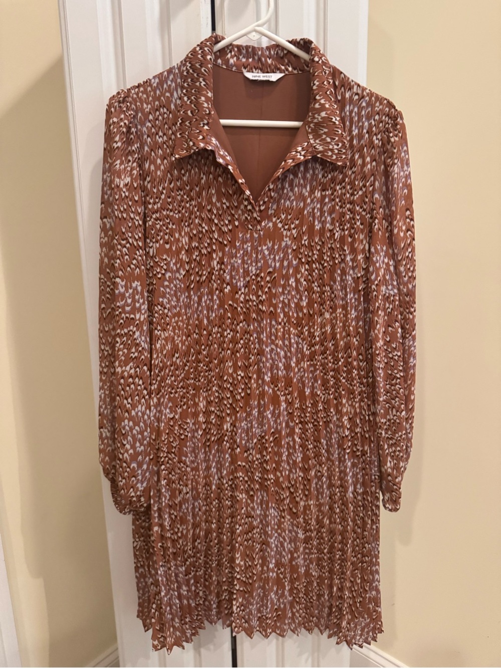 Nine West Brown and Cream Pleated Long Sleeve Shirt Dress